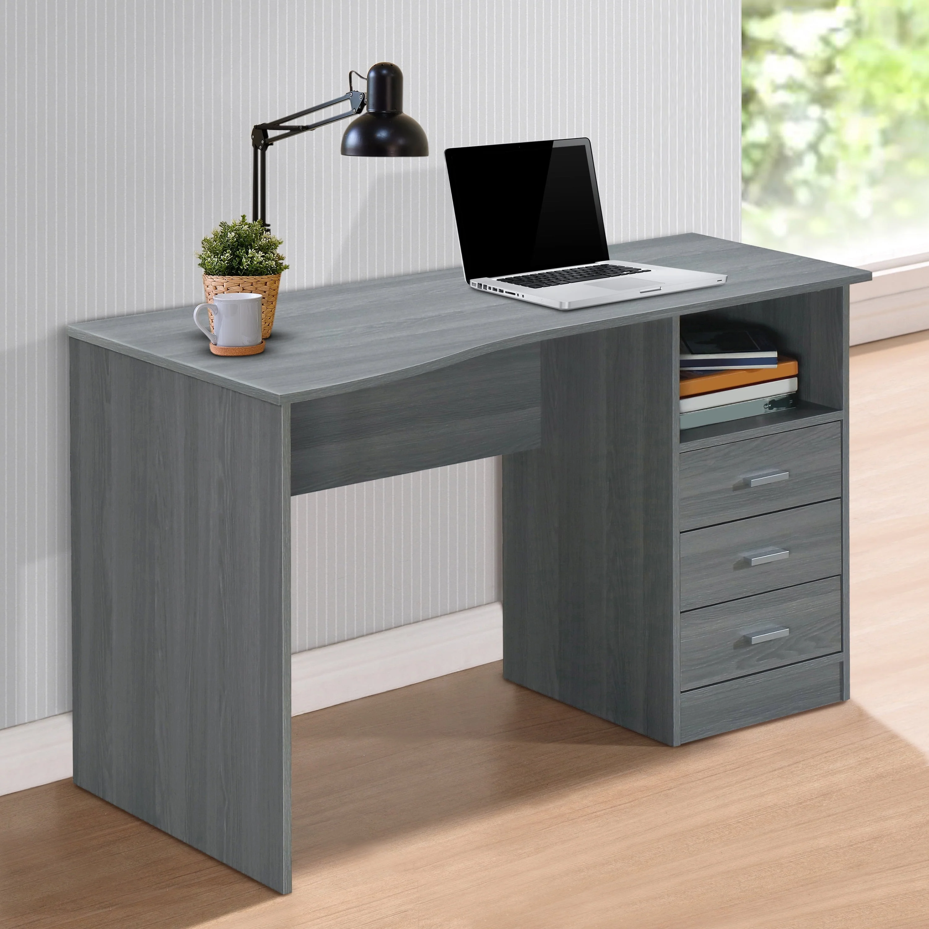 Techni Mobili Classic Computer Desk with Multiple Drawers, Grey