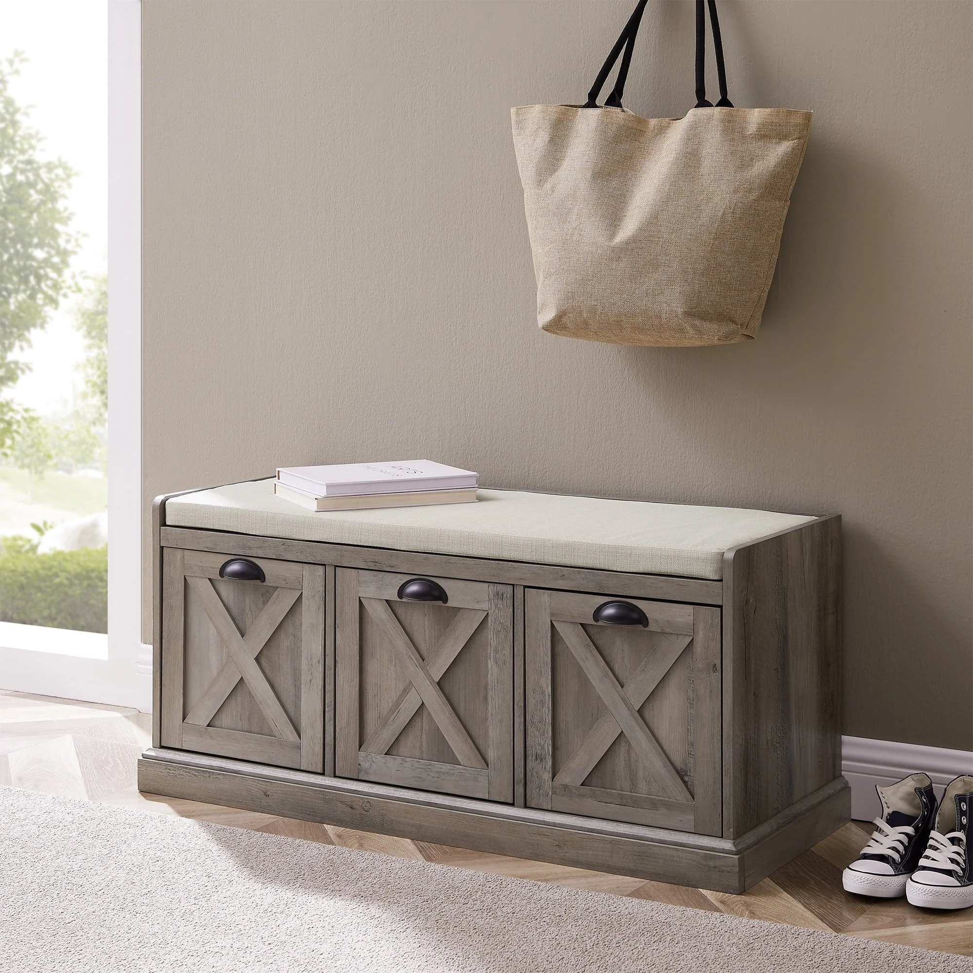 Manor Park Modern Farmhouse 3 Drawer Storage Bench, Grey Wash