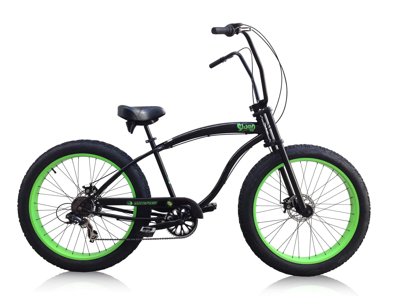 Wonder Wheels 26" Beach Cruiser Three Piece Crank, Alloy Neon Green Rims, Black Spokes, Black Tire 26 X 4.0, Without Fender - Black