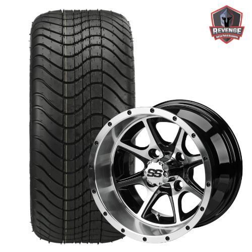 12" Azusa Machined Black Golf Cart Wheels and Tires Combo (215/40-12) Set of 4