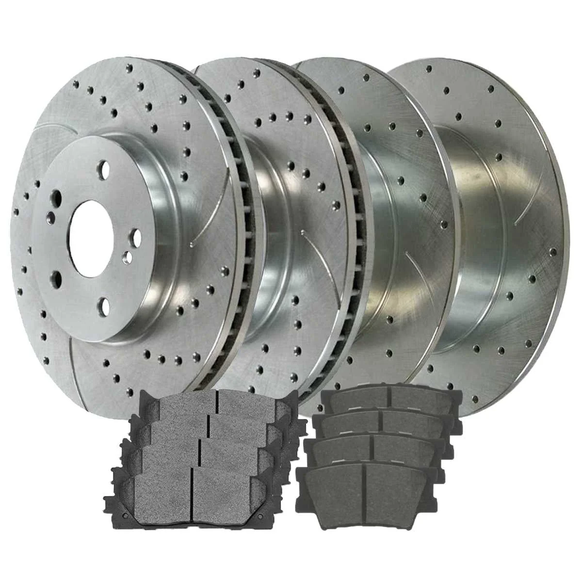 AutoShack Front and Rear Drilled Slotted Brake Rotors Silver and Ceramic Pads Kit Replacement for 2007-2011 Toyota Camry 2008-2011 Avalon 2007 2008 2009 2010 Lexus ES350 2.4L 2.5L 3.5L V6 FWD