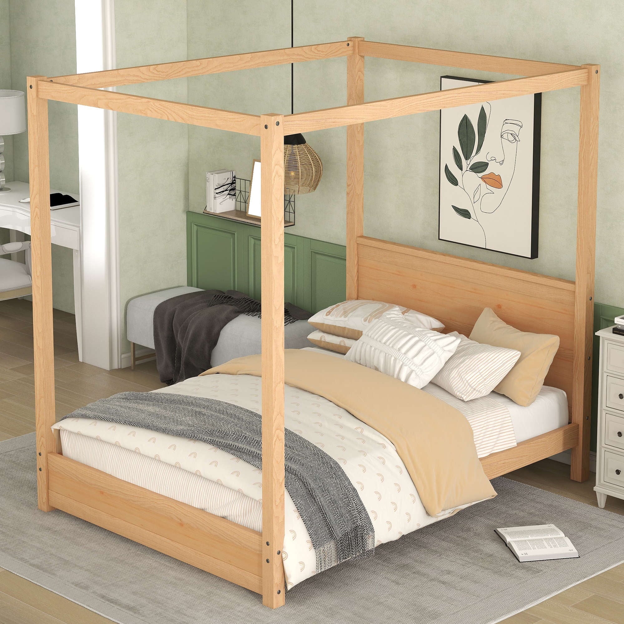 Full Size Platform Bed, Wood Canopy Platform Bed with Headboard,Support Legs, Solid Wood Bedframe, 4-Post Canopy Platform Bed Frame, No Need Spring Box, Can be Decorate, Natural