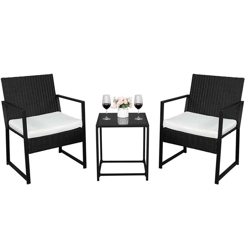 Seizeen Outdoor Furniture Set, 3 PCS Rattan Conversation Set for 2, Cushioned Patio Sofa Set W/2 Arm Chairs & 1 Table for Garden Pool Porch Deck