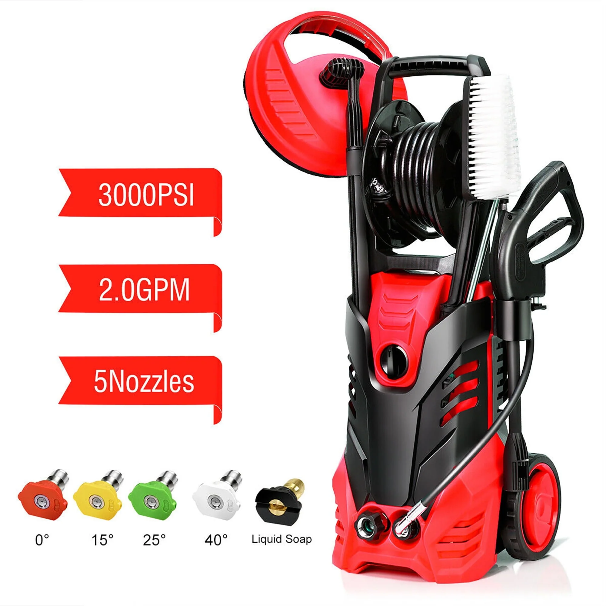 Giantex 3000PSI Electric Pressure Washer, Portable High Power Washer w/ 5 Nozzles, Hose Reel, Soap Bottle, 2 GPM 2000W (Red)