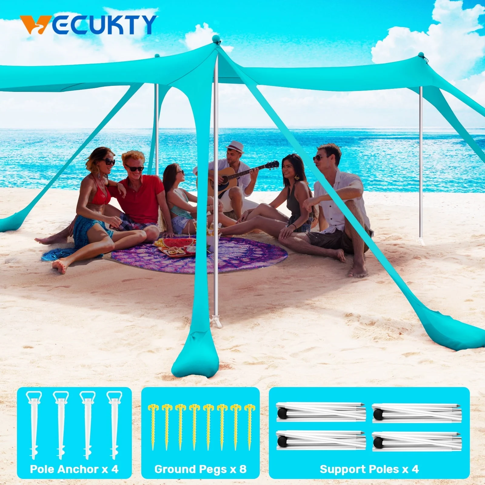 Beach Canopy Tent Sun Shelter, VECUKTY 10x10 Ft Camping Sun Shade for Beach  with UPF 50+ Protection,Turquoise