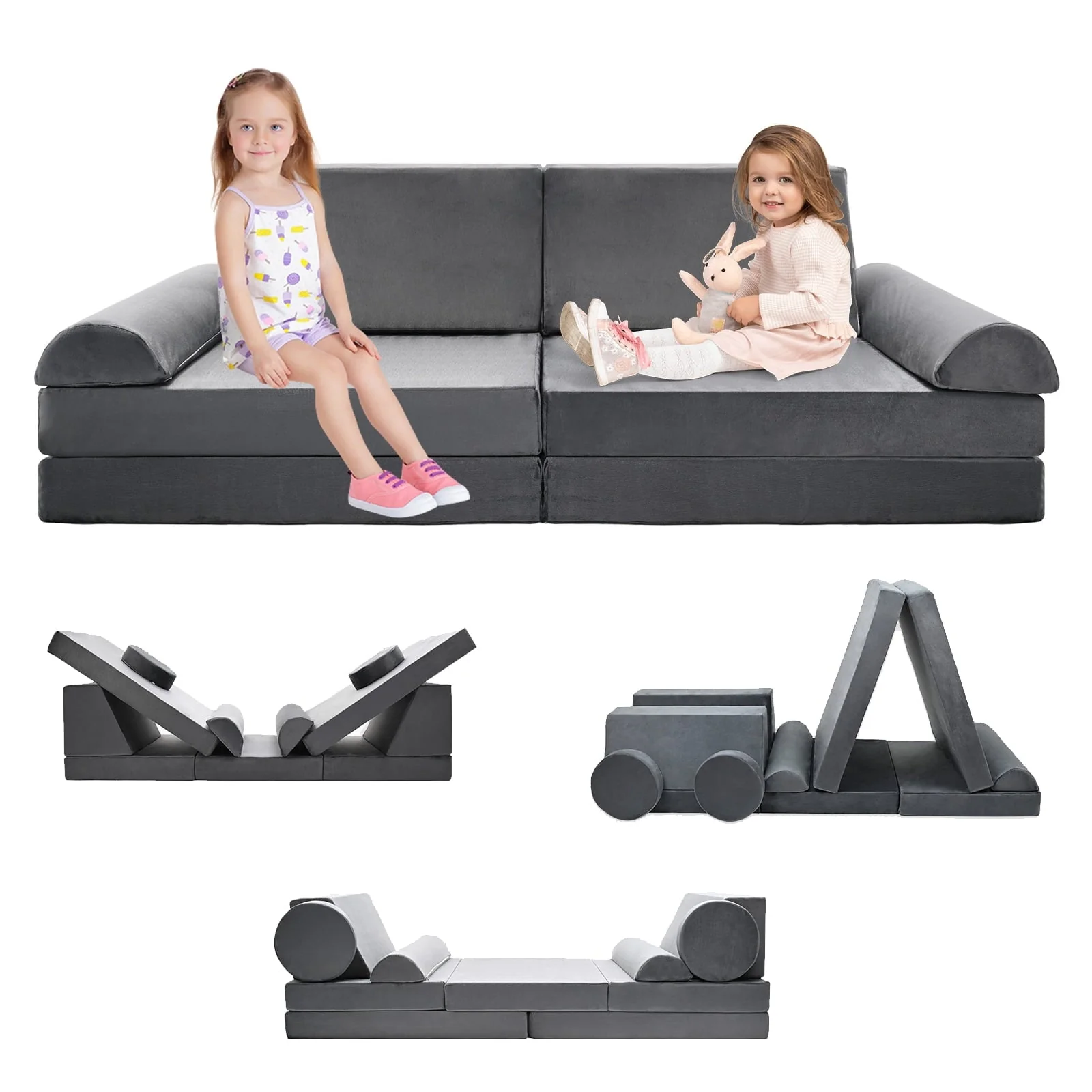 Docred Kids Sofa Couch 10PCS，Modular Sectional Sofa for Playroom，Creative Baby Foam Couch ,Gray