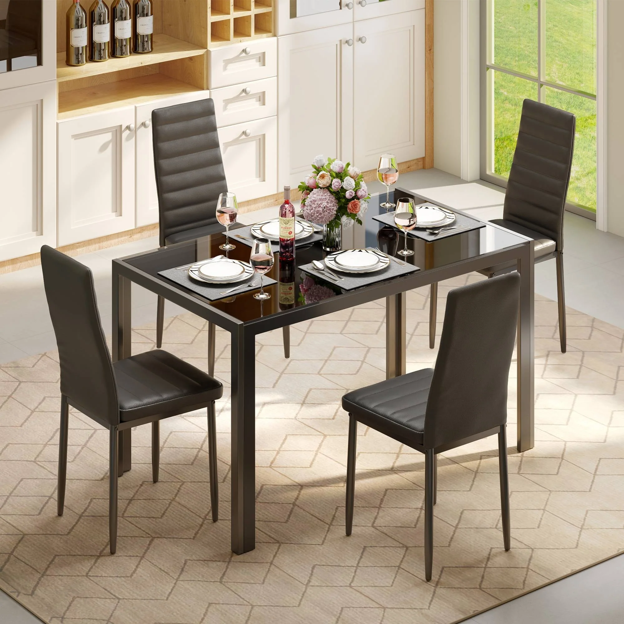 Aiho 5-Piece Rectanglar Kitchen Dining Table Set for 4 for Dining Room, Black, Black