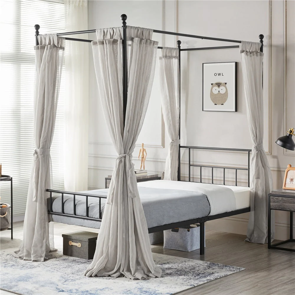 Easyfashion Juno Metal Canopy Frame Four Poster Bed with Headboard and Footboard, Black, Twin