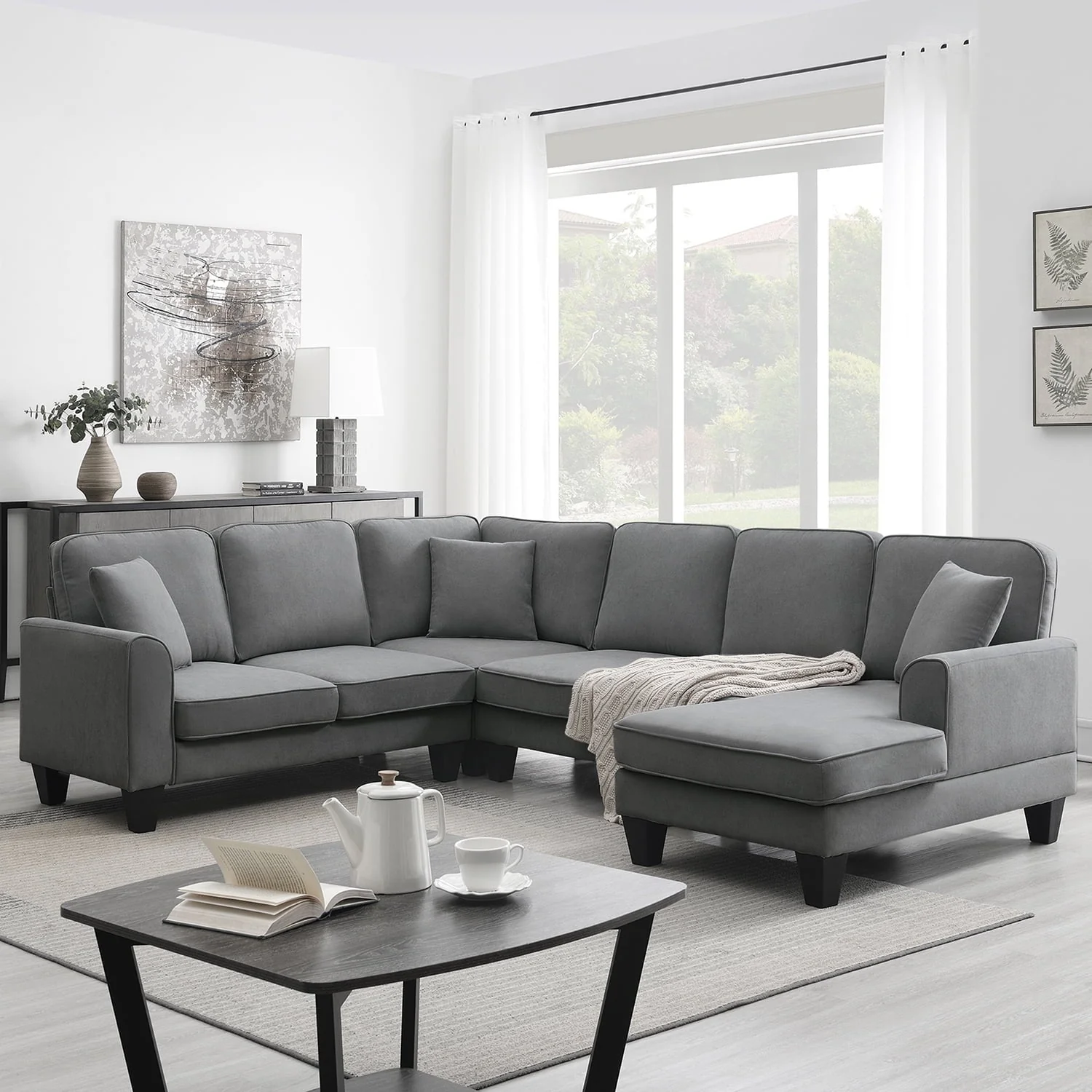 Churanty Convertible Modular Sectional Sofa with Chaise and Recliner,U Shaped Couch 7 Seat Fabric Sleeper Sofa for Living Room,Dark gray