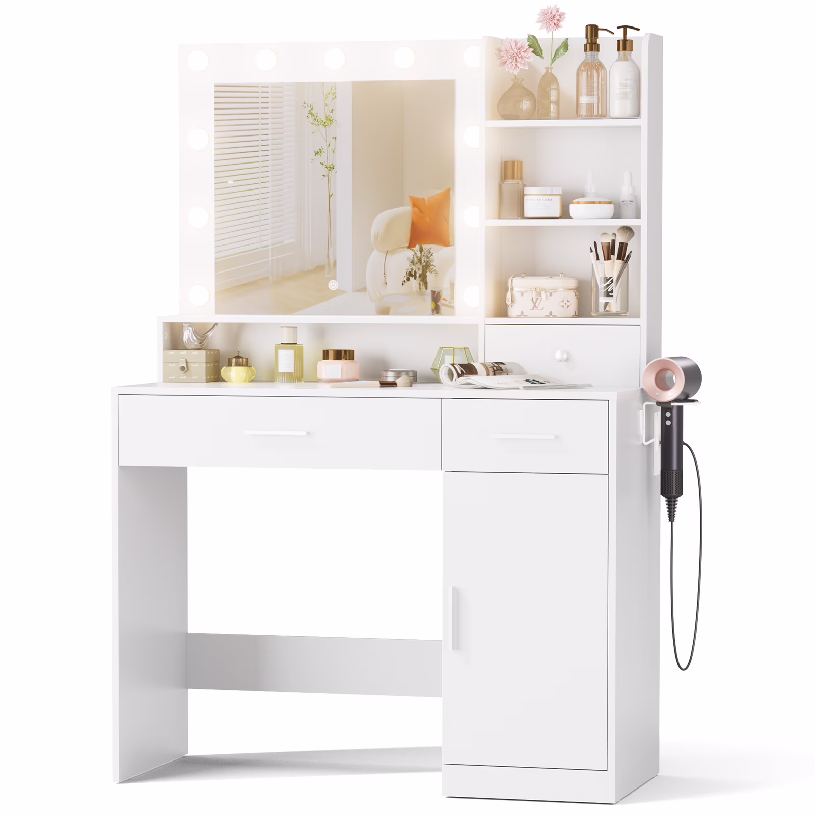 MCQ Dressing Table with Mirror and Light, Adjustable Brightness Dressing Table with Drawers and Storage Shelves, White