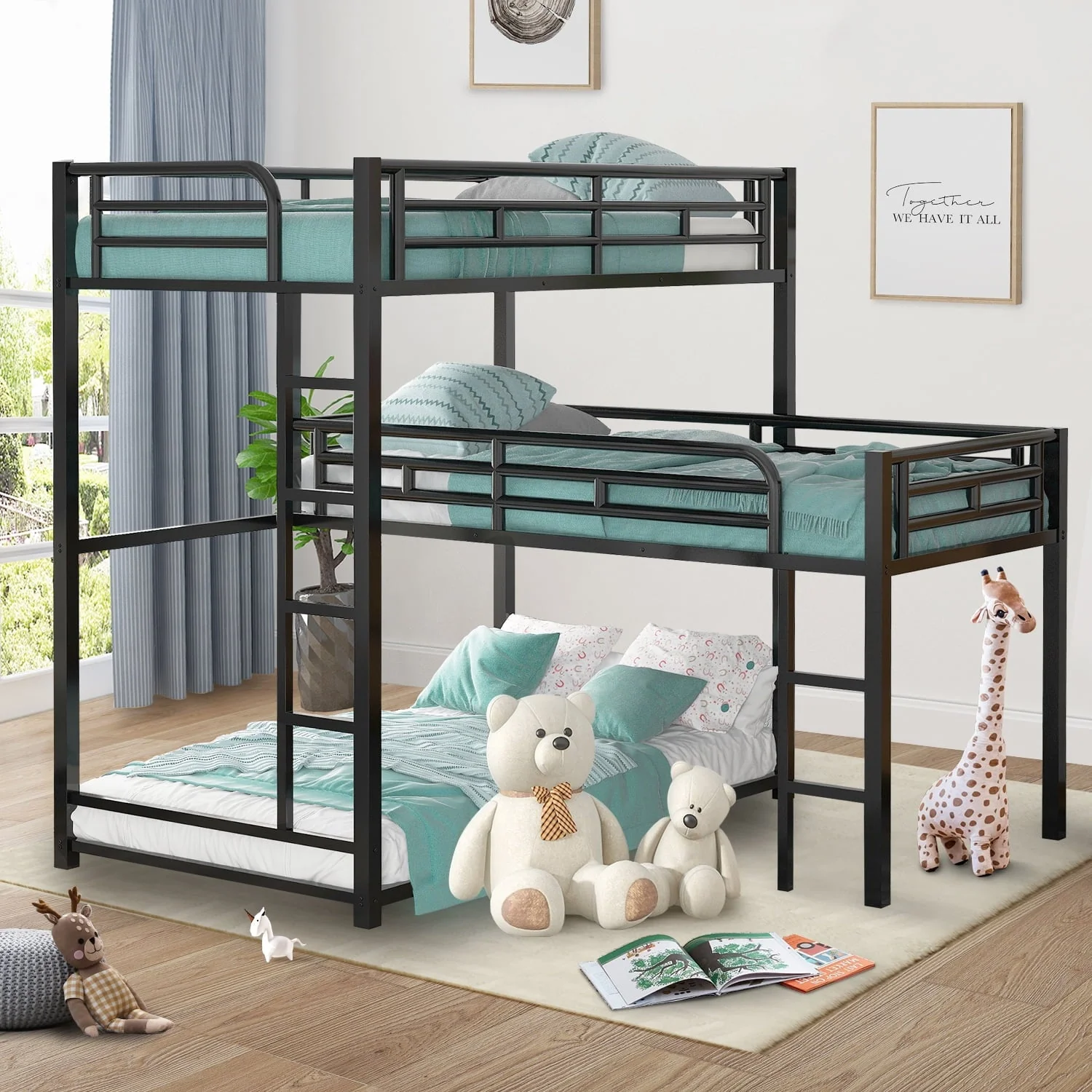 L-Shaped Triple Bunk Bed, Twin Size Metal Bunk Bed for 3 with Long and Short Ladders, Space-Saving Loft Bunk Bed with Full-Length Guardrails for Boys Girls, No Box Spring Needed, Noise Free, Black
