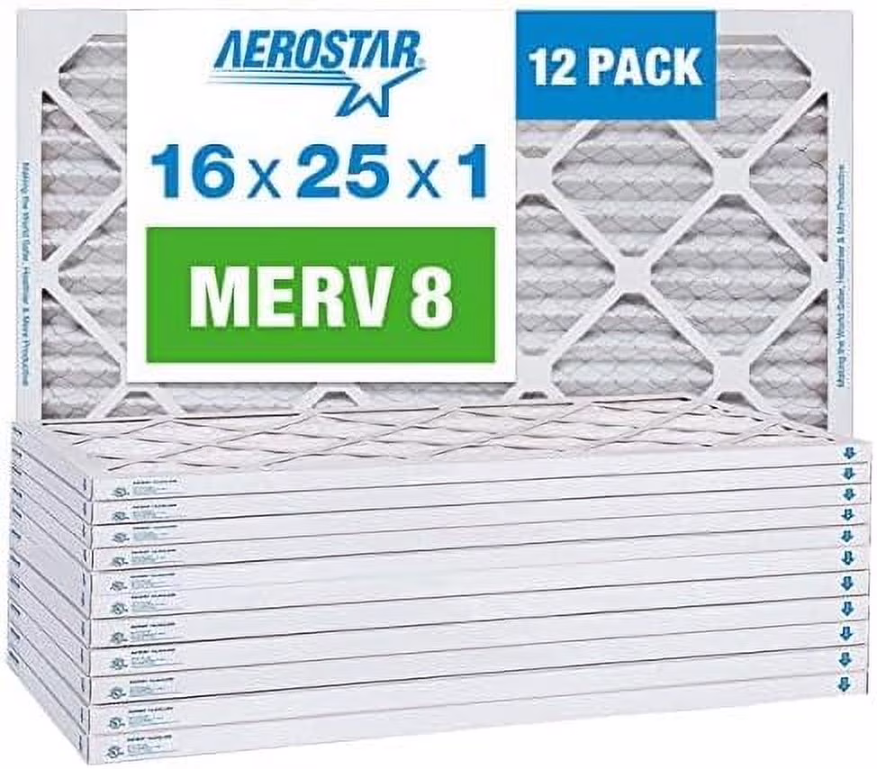 16x25x1 MERV 8 Pleated Air Filter, AC Furnace Air Filter, 12 Pack (Actual Size: 15 3/4" x 24 3/4" x 3/4")