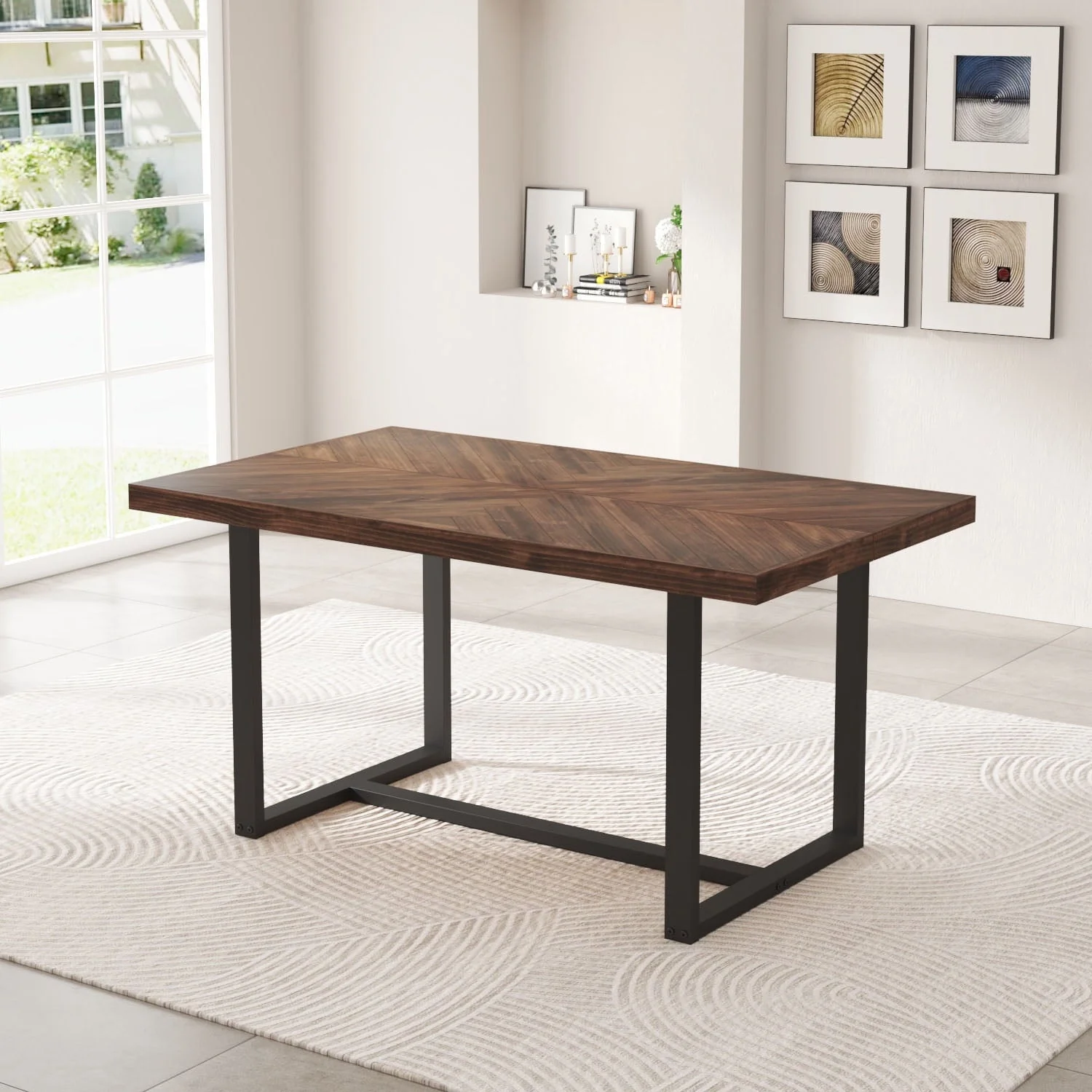 ChVans 60 inch Modern Farmhouse Solid Wood Dining Table for 4 to 6, Rectangular Kitchen and Dining Table with Metal Frame, Rustic Breakfast Table for Living, Dining Room(Brown+Pattern-60 in Dining Table)